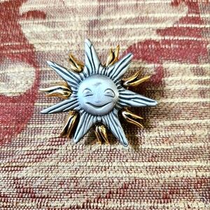 Vintage Pewter and Gold Plate Sun Brooch